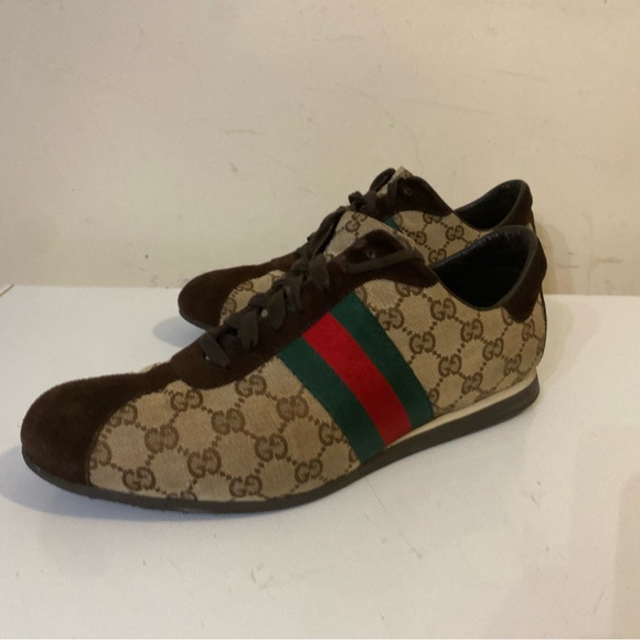 Gucci Brown/Beige Suede And GG Canvas men shoes Sneakers Sz G 10 US 11 - Picture 5 of 15